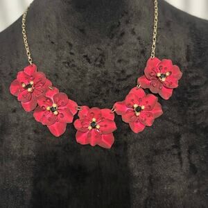 Bold Red Layered‎ Flower Statement Necklace Gold Chain | Glam Floral Jewelry